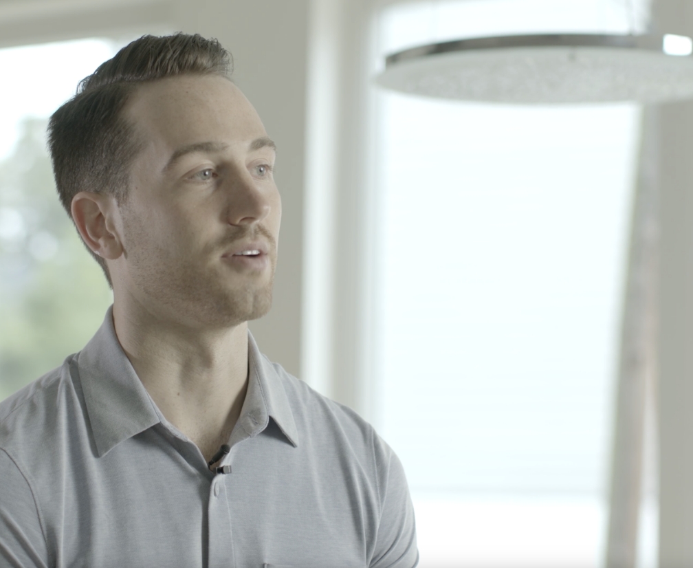 An autograft patient looks at the interviewer while telling his story
