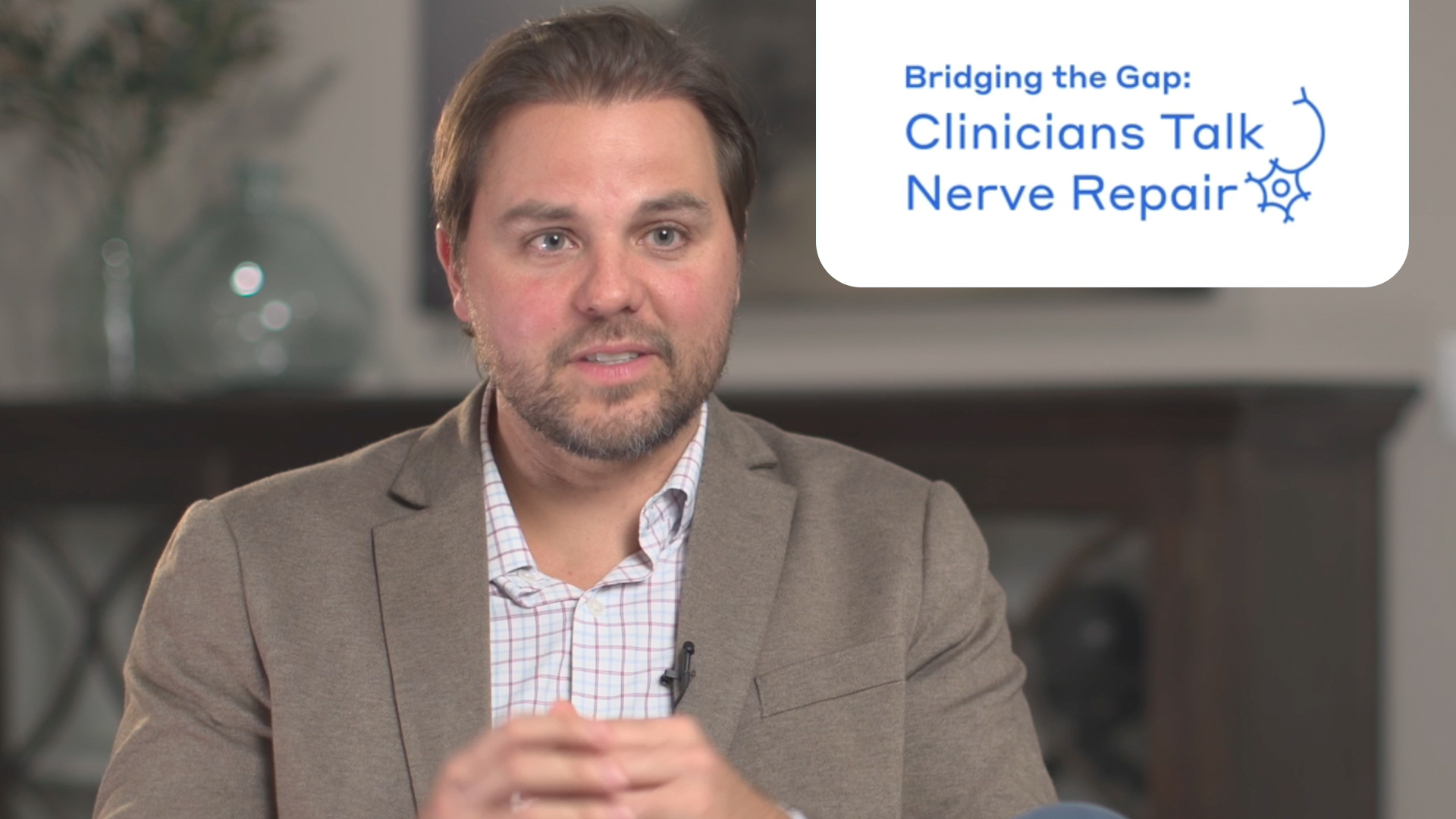 Preview of a video in the series “Bridging the Gap: Clinicians Talk Nerve Repair” with a title screen that reads “Managing transected nerves in high-energy trauma”
