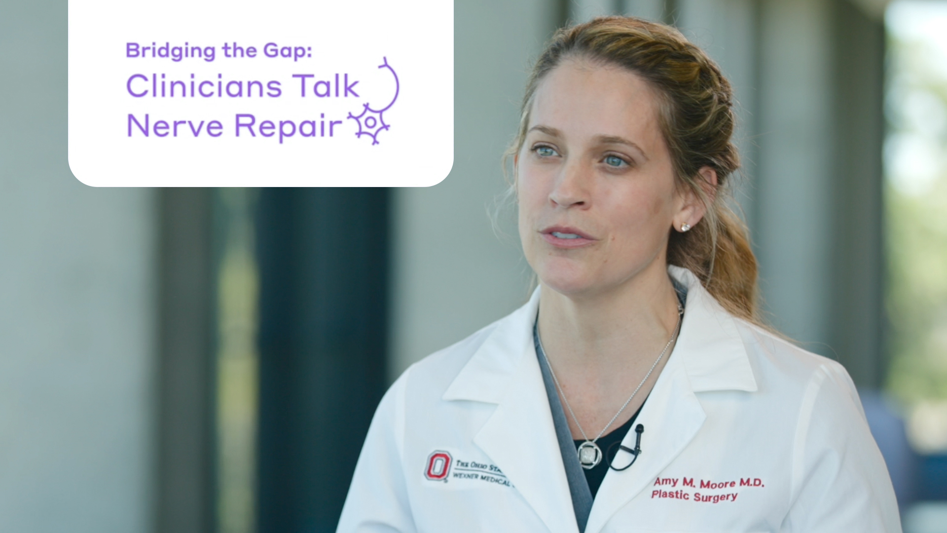 Preview of a video in the series “Bridging the Gap: Clinicians Talk Nerve Repair” with a title screen that reads “Considerations for amnion in nerve surgery”