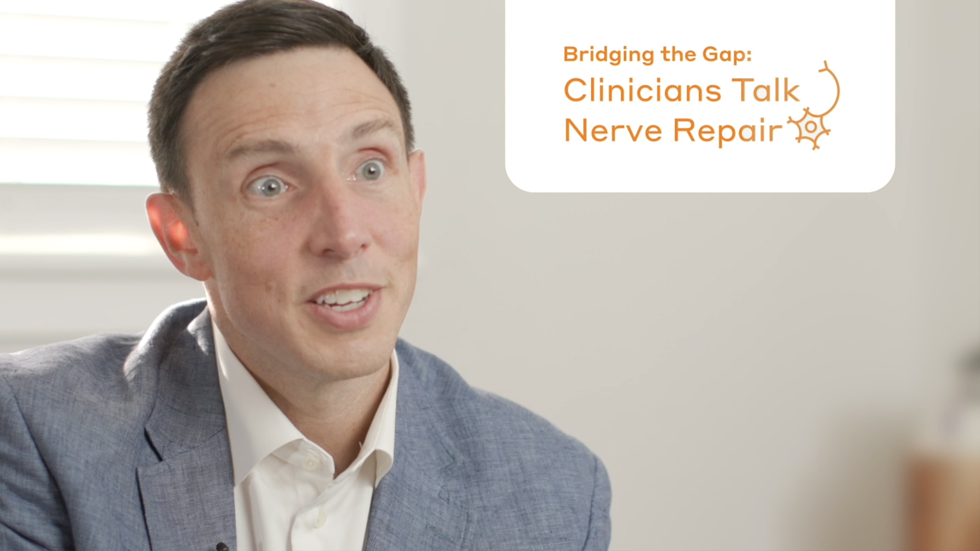 Preview of a video in the series “Bridging the Gap: Clinicians Talk Nerve Repair” with a title screen that reads “Axoguard Nerve Protector case outcomes”