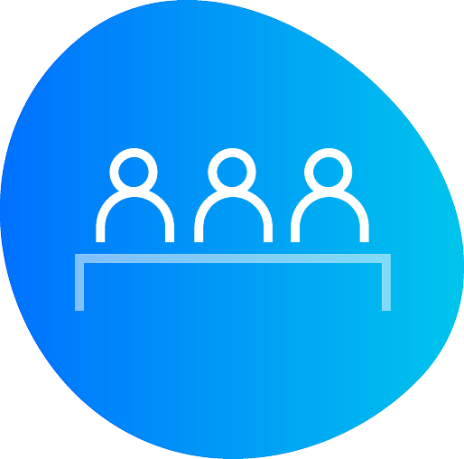 Blue circular icon showing three people sitting at a table